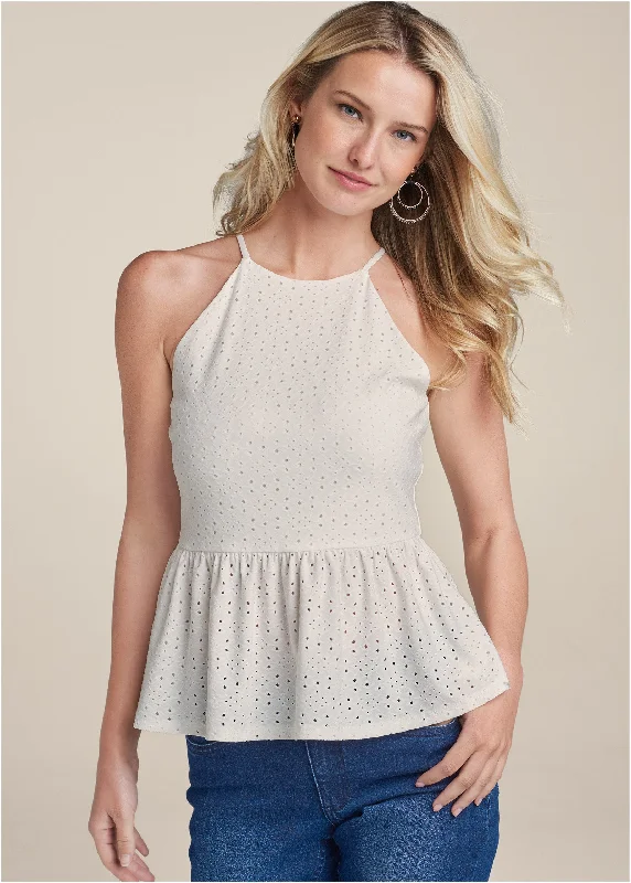 Eyelet Babydoll Top - White Sleek Women's 