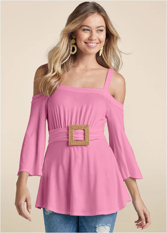 Raffia Belted Cold Shoulder Top - Pink Modern Women's 