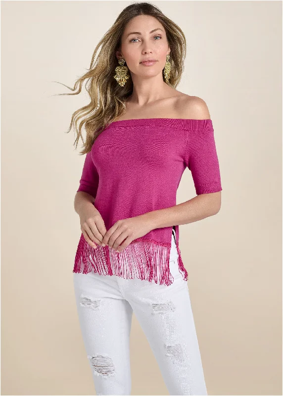 Off-The-Shoulder Sweater - Fuchsia Women