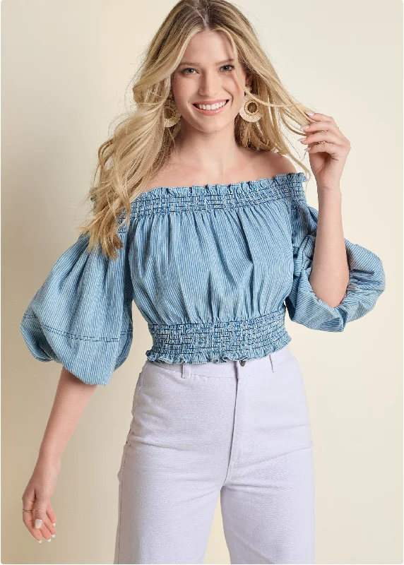 Off-The-Shoulder Cropped To - Blue & White Practical Women's Quick - dry