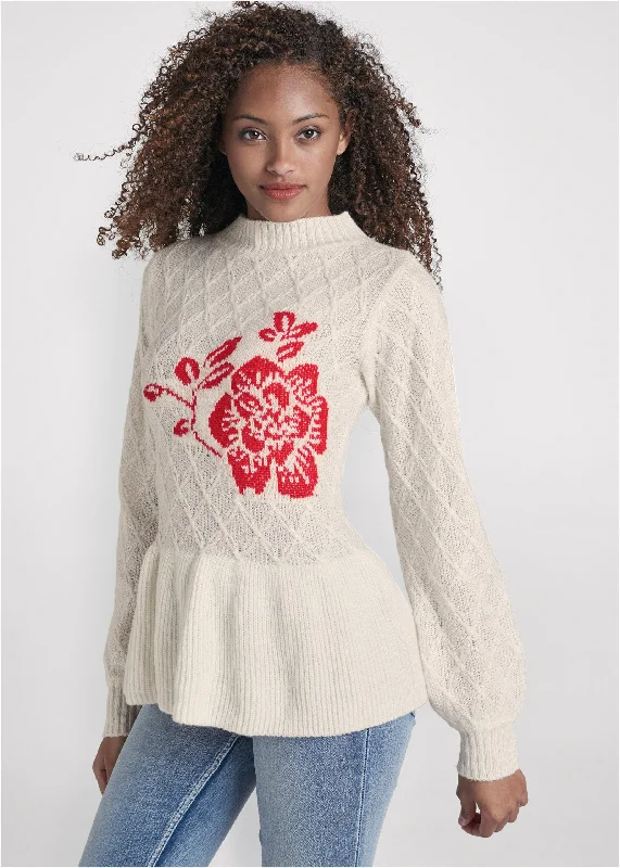 Rose Detail Peplum Sweater - Off White & Red Australian Beach