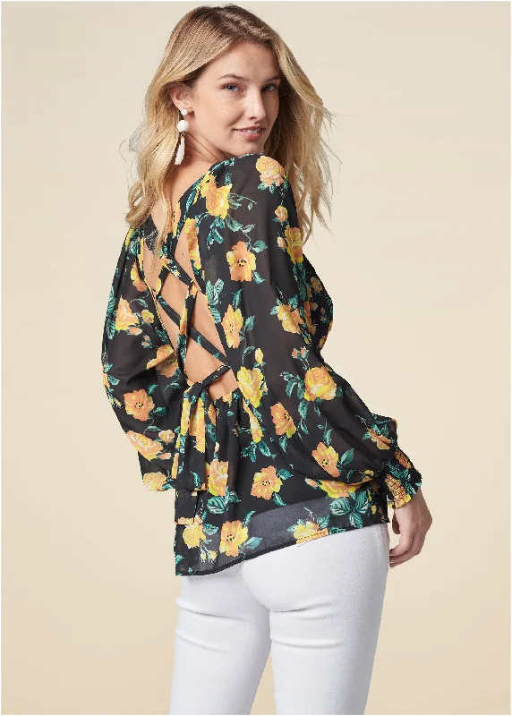 Blooming Roses Lace-Up Blouse - Black Multi Bold Women's Animal Print