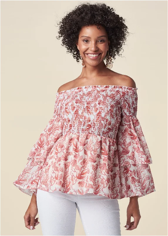 Coral Reef Smocked Top - White & Coral Trendy Women's 