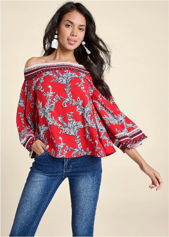 Off-The-Shoulder Paisley Print Top - Red And Blue Elegant Women's 