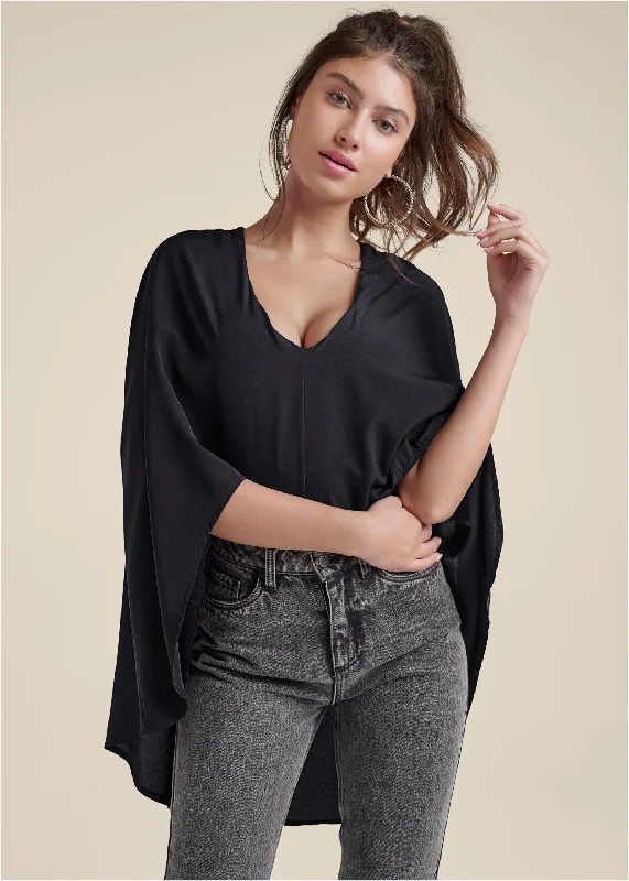 V-Neck Cape Bodysuit - Black Trendy Women's Oversized