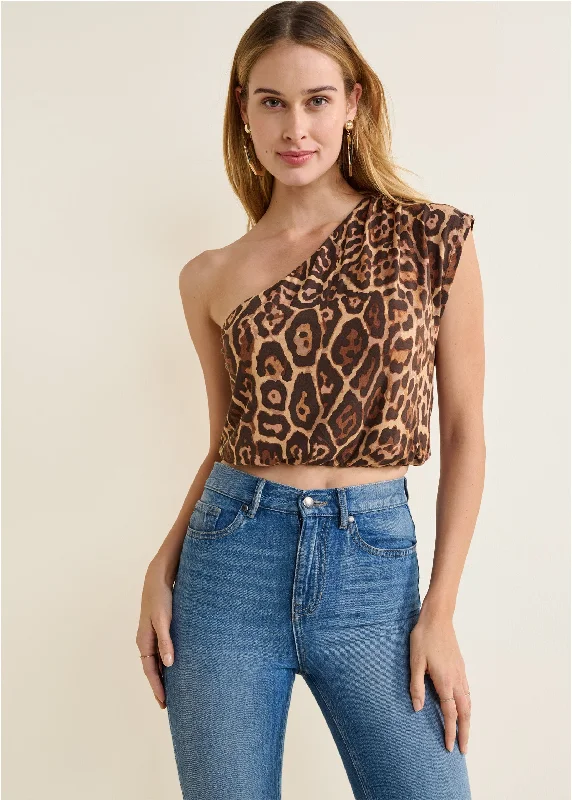 One-Shoulder Crop Top - Brown & Black Country
