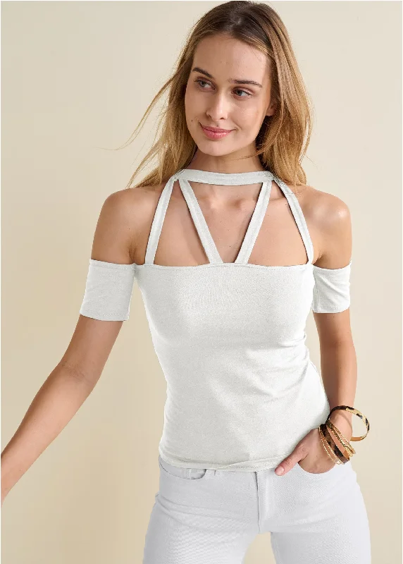 Strappy Open Shoulder Top - Off White Luxurious Women's High -  end