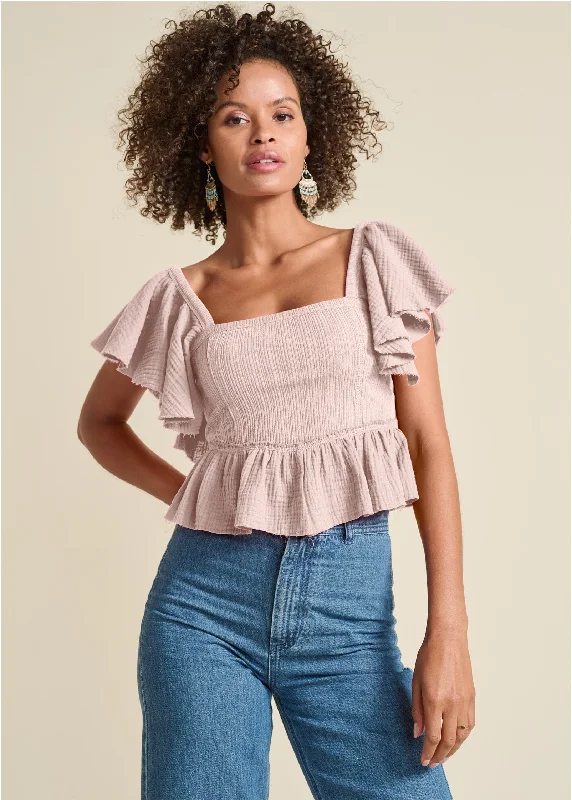 Raw Edge Peplum Crop Top - Peach Laid - back Women's Style