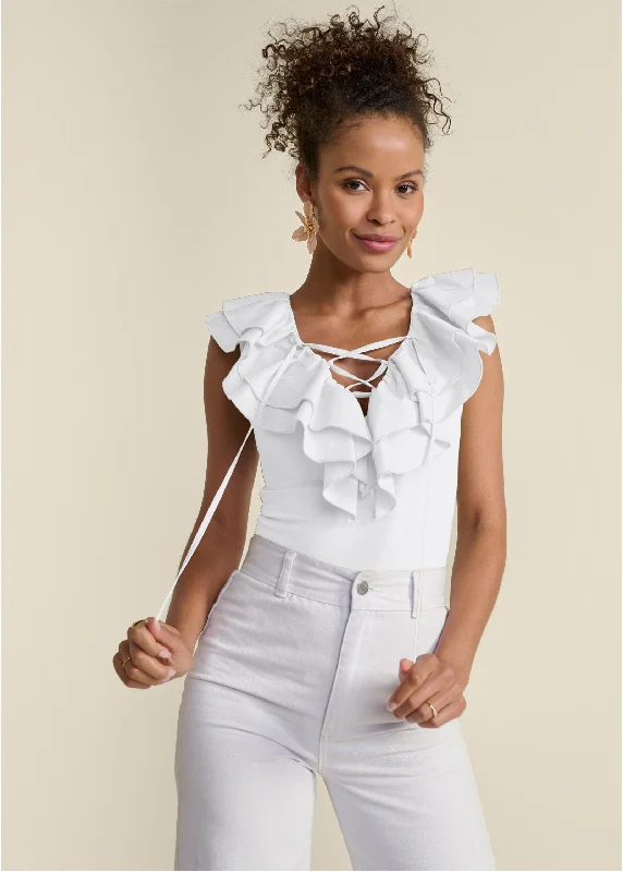 Poplin Ruffle Bodysuit - White Dynamic Women's Moto