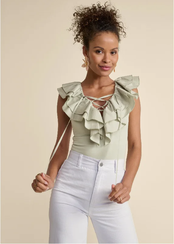 Poplin Ruffle Bodysuit - Sage Tough Women's Military - inspired