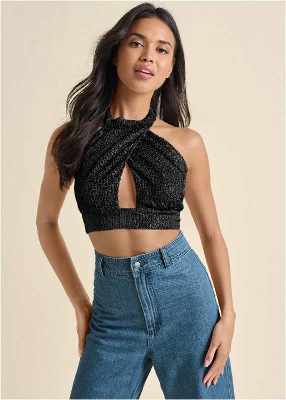 Sequin Halter Crop Top - Black Business