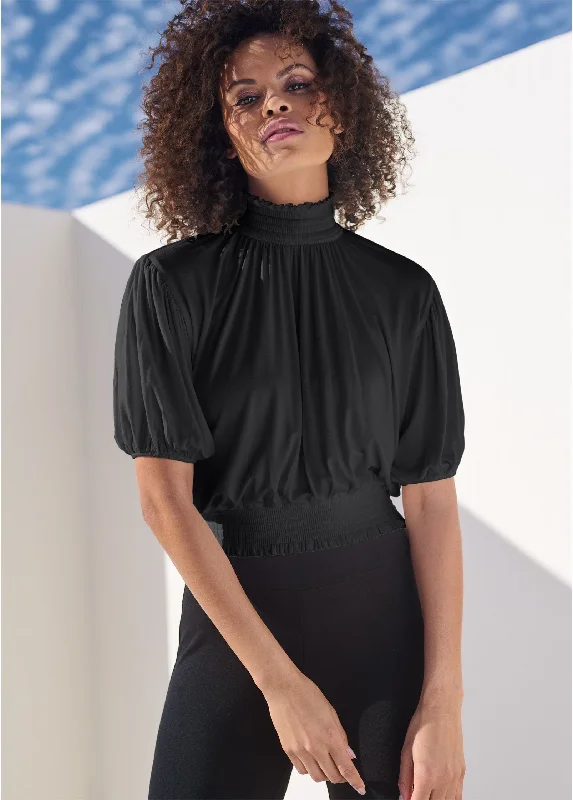 Smocked Mock-Neck Crop Top - Black Laid - back Women's Style