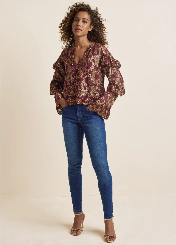 Shimmer Tiered Sleeve Top - Wine & Gold garde