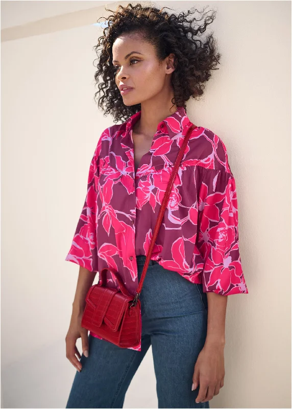 Satin Long Sleeve Blouse - Pink Multi Modern Women's 