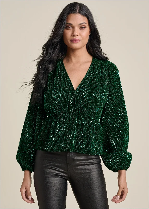 Allover Sequin Wrap Top - Green Earthy Women's Hemp - based