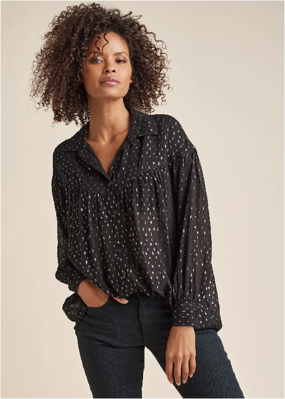 Metallic Button Front Top - Black Multi Classic Women's Pin - striped