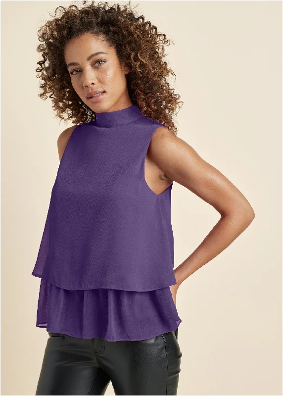 Mock Neck Tiered Top - Dark Purple Youthful Women's Anime - inspired