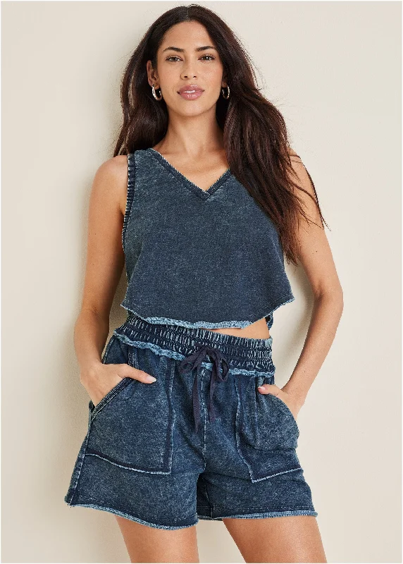French Terry Cropped Tank - Blue Indigo Wash Polished Women's Silk