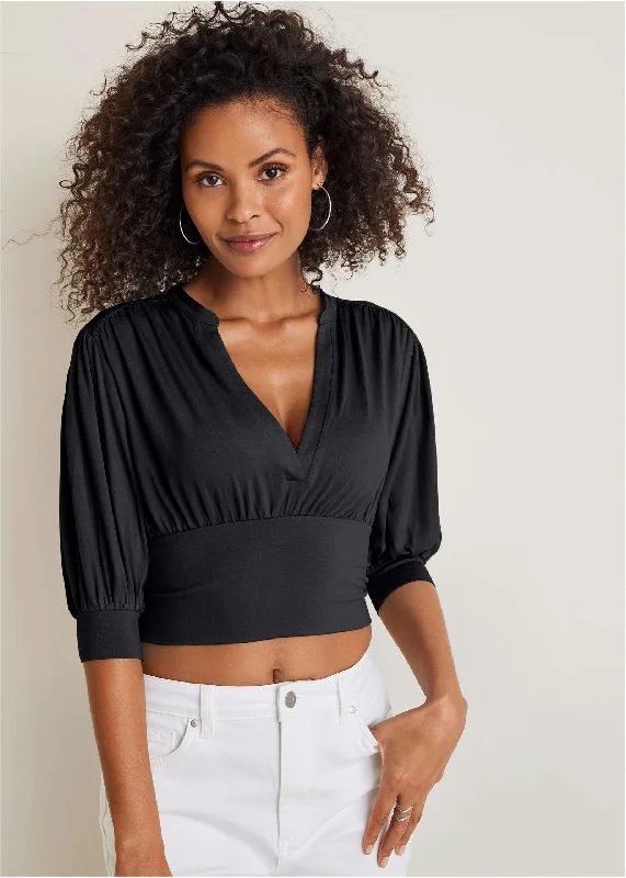 V-Neck Puff Sleeve Top - Black Geometric