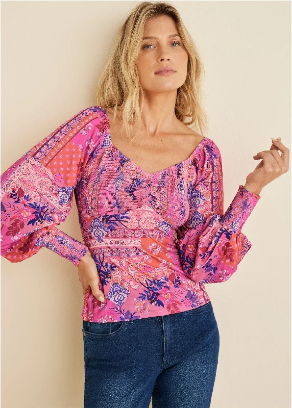 Smocked Printed Top - Bandana Floral Cozy Women's Sherpa - lined