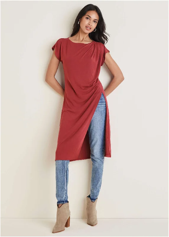 Ruched Slit Maxi Top - Wine Practical Women's Multi - 