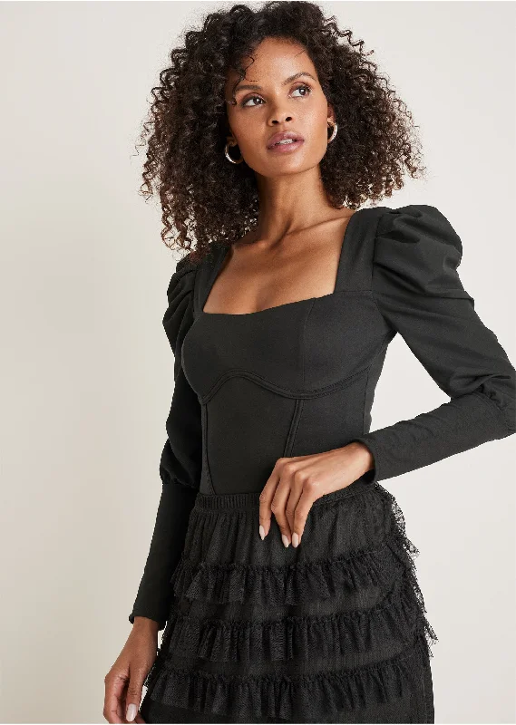 Puff Sleeve Bodysuit - Black Feminine Women's Soft 
