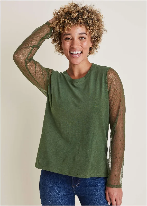 Mesh Sleeve Top - Bronze Green Modern Women's Tech
