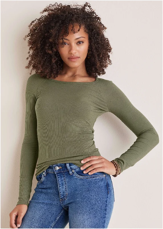 Ribbed Crew Neck Top - Olive Artistic Women's Avant - 