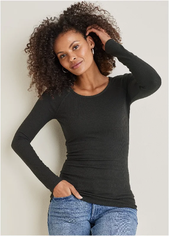 Ribbed Crew Neck Top - Black Monochromatic Office Style