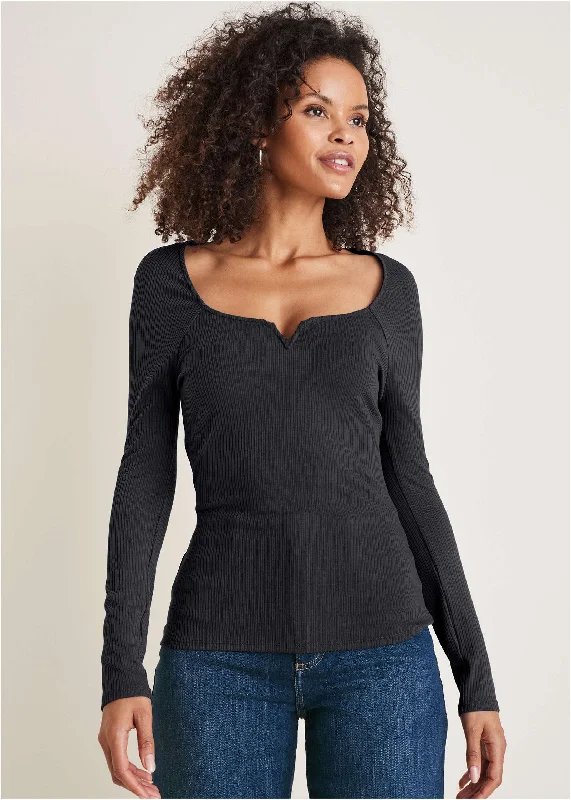 Deep Scoop Neck Ribbed Top - Black Refined Women's Classic 