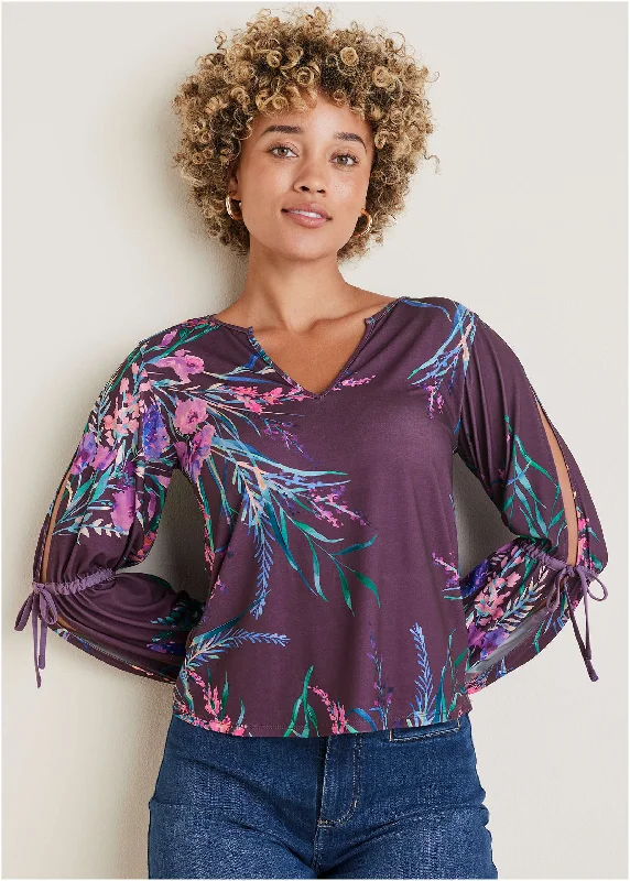 Tie Sleeve Blouse - Regal Wildflowers Unique Women's Upcycled