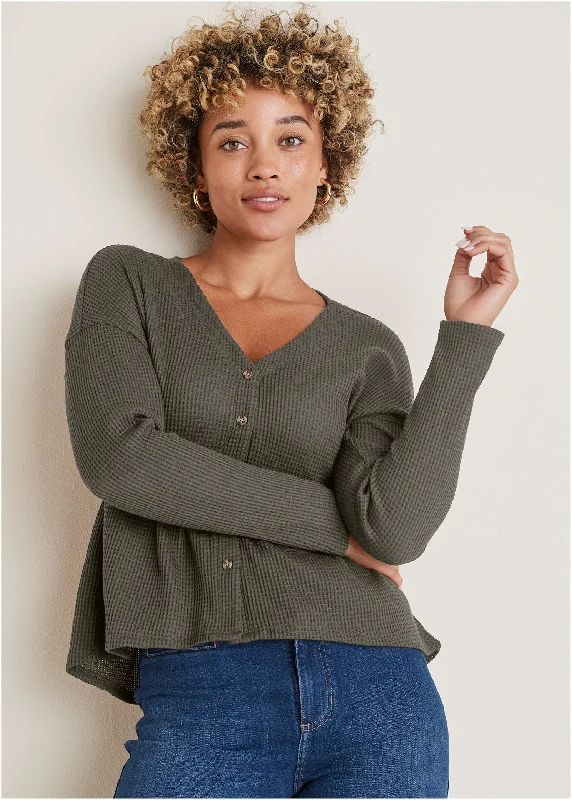 Waffle Babydoll Henley - Olive Polished Women's Silk