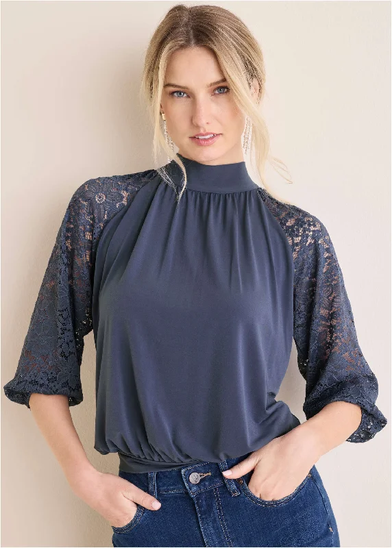 Lace Sleeve Blouse - Vintage Indigo Sporty Women's Athleisure 