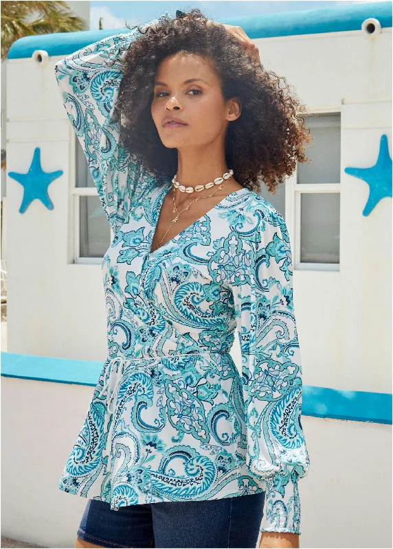 Balloon Sleeve Wrap Front Top - Blue Paisley With Border Laid - back Women's Vibe