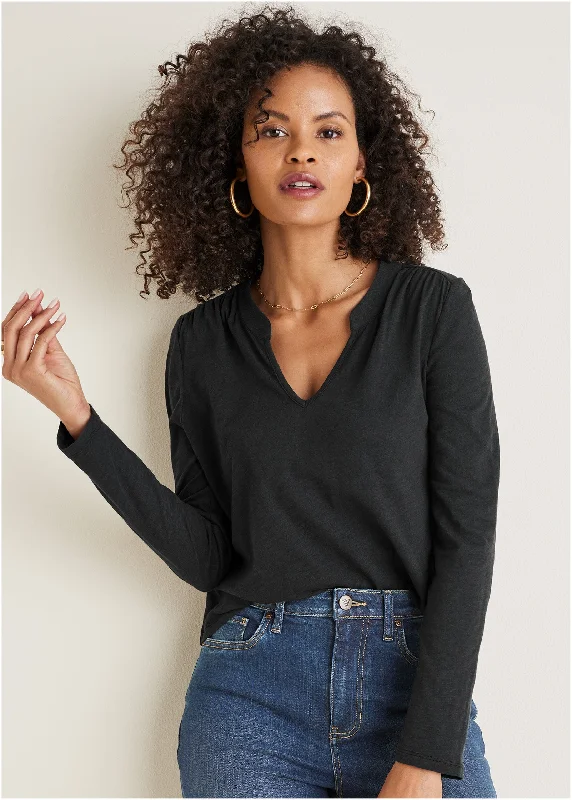 V-Neck Shirred Long Sleeve Top - Black Bohemian Women's Free