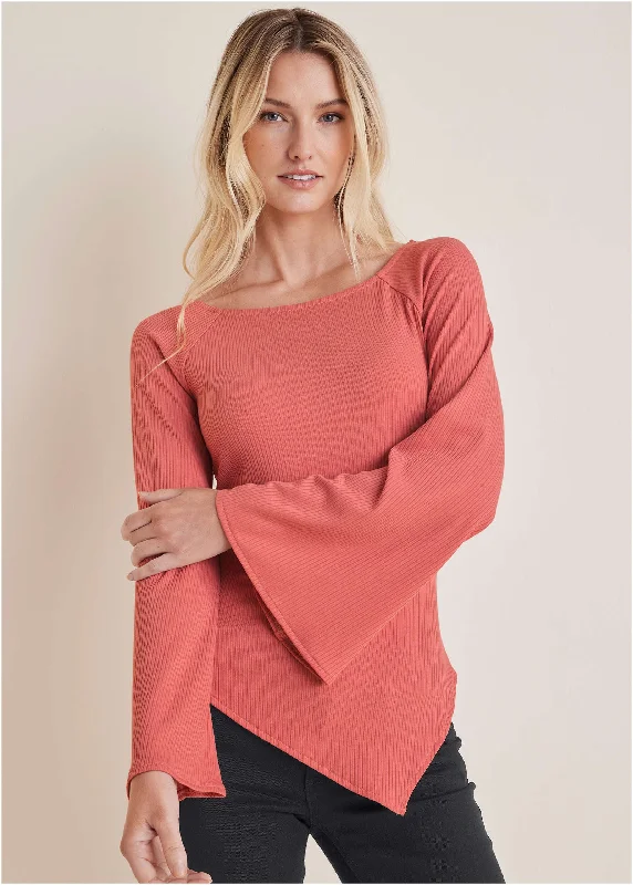 Ribbed Bell Sleeve Top - Mineral Red Stylish Women's Tropical 