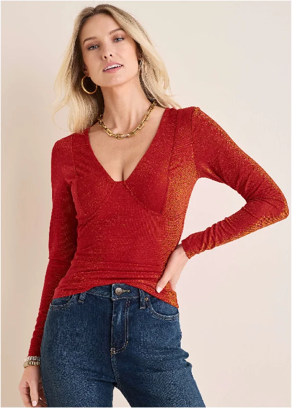 Glitter Knit V-Neck Top - Racing Red Glitter Knit British Gentlewoman Style
