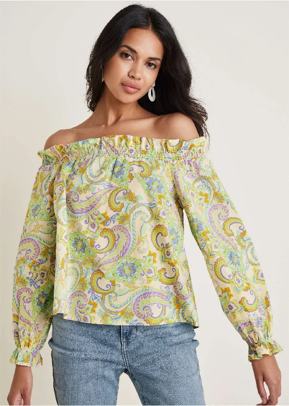 Off-The-Shoulder Top - Candied Shortbread Paisley Feminine Women's Soft 
