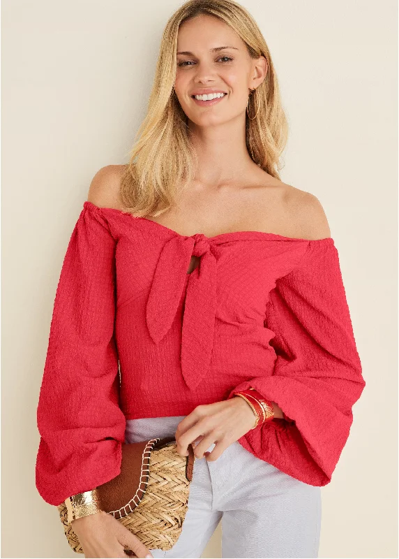 Textured Tie Front Top - Red Hip Women's Retro
