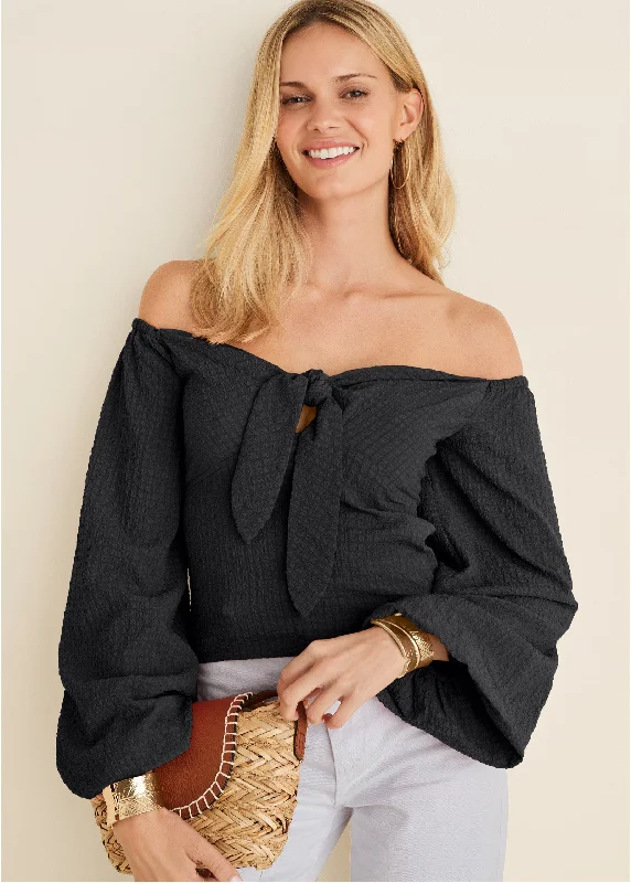 Textured Tie Front Top - Black Athletic Women's High - 