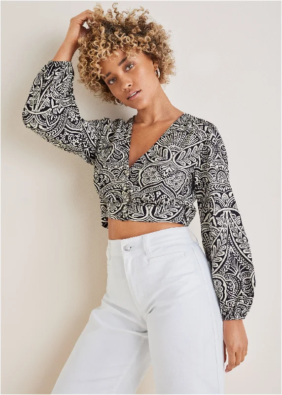 Linen Long Sleeve Blouse - Modern Folk Bicolor Minimalist Women's Casual