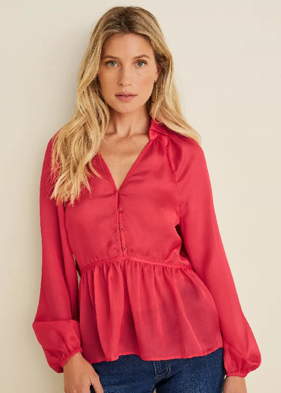 High-Low Blouse - Red Minimalist Women's Casual