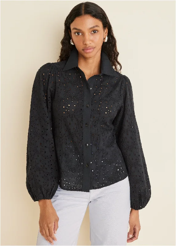 Paisley Eyelet Blouse - Black Elegant Women's Formal 