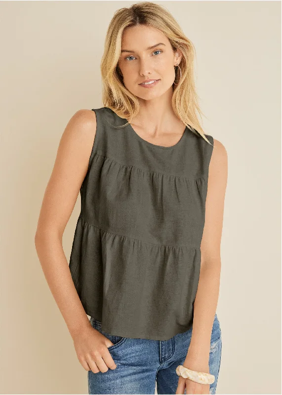 Linen Tiered Tank Top - Olive Australian Beach
