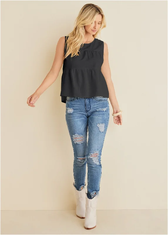 Linen Tiered Tank Top - Black performance