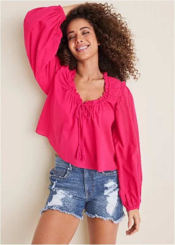 Tassel Long Sleeve Top - Dark Pink Confident Women's High - fashion
