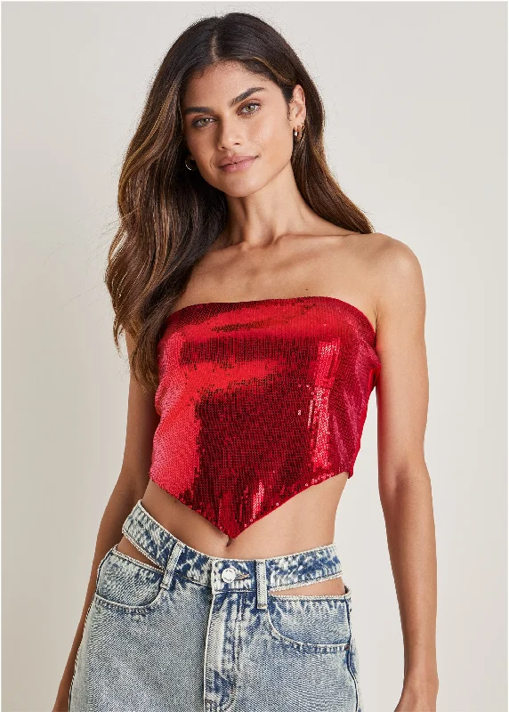 Sequin Bandana Top - Red Polished Women's Silk