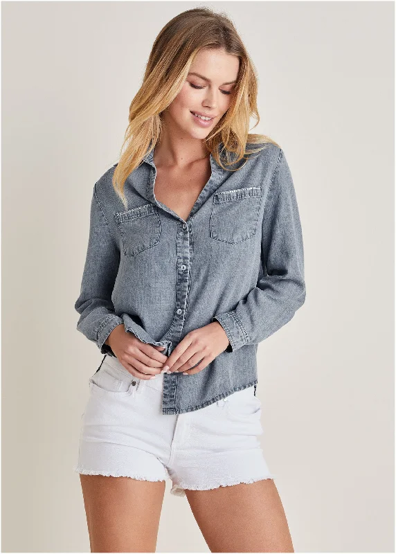 Chambray Button-Down Top - Medium Wash Modern Women's 