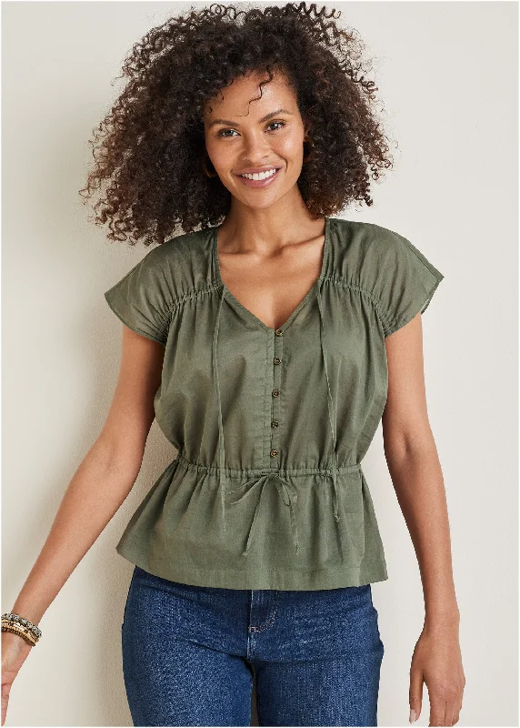 Adjustable Tie Front Top - Olive Trendy Women's 
