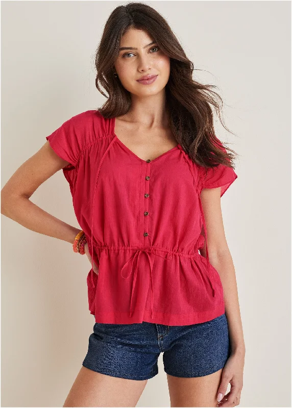 Adjustable Tie Front Top - Dark Pink Business